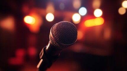 A professional microphone setup for a live performance, with stage lights creating dramatic shadows and reflections on the metal surface.
