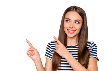 Photo of pretty lady indicating fingers empty space on banner with news wear striped t-shirt...