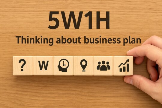 Strategizing Business Plans "5W1H" with Wooden Alphabet Cubes Office Setting Top-View Shot Creative Workspace