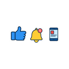 Flat vector icons of social app notification, including thumbs up, alert bell, and phone, great for marketing, communication, and tech-related content