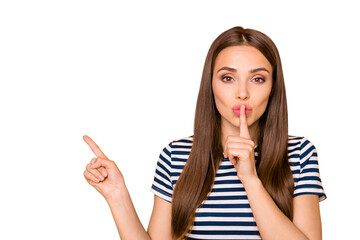 Photo of funny lady indicating finger empty space asking keep news in secret wear striped t-shirt...