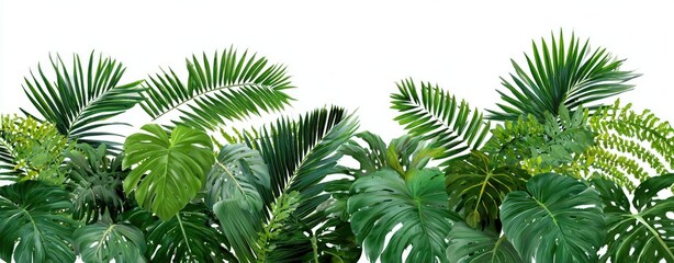 Lush arrangement of vibrant green tropical foliage against a stark white background, showcasing various leaf textures and shapes, creating a sense of depth and density