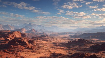 Naklejka premium A vast, arid landscape stretches to hazy, distant mountains under a partly cloudy sky. Reddish rock formations dominate the foreground