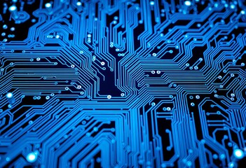 Intricate circuit board pattern, glowing blue hues,  blue,  texture