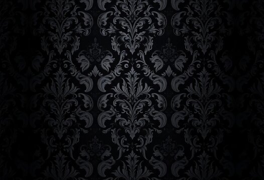Intricate black damask pattern on dark Victorian wallpaper, antique, background