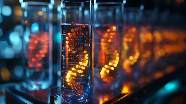 Test tubes with glowing dna strands in a laboratory setting.