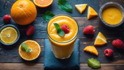 Orange smoothies, yellow colorful fruit juice milkshake blend beverage healthy high protein, tasty in glass, drink to lose weight, episode on wooden background from top view.