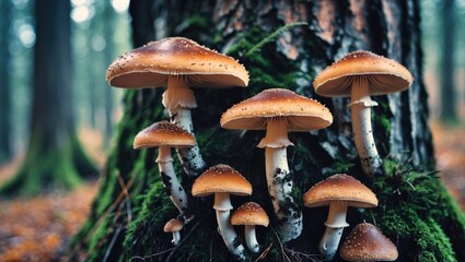 Forest Mushrooms Growing On Tree Trunks. Close-Up Photography