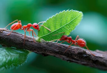 Red ants carrying leaves on a green background.