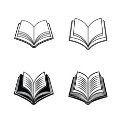 Collection of vector illustrations featuring open books in black and white outlines