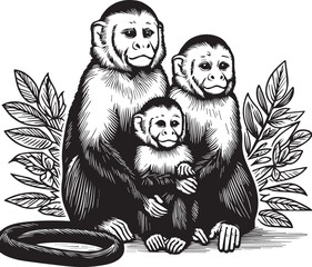 Capuchin Monkey Simple Black and White Vector Illustration