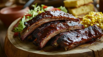 A rustic dining table set with a platter of beautifully cooked pork ribs, with a rich glaze, accompanied by a fresh garden salad and cornbread.