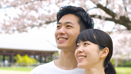 Obraz premium Dreamy young Japanese couple under cherry blossoms, lost in the moment 