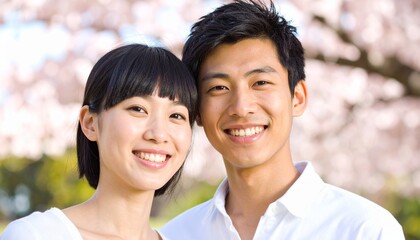 Obraz premium Japanese couple walking together under cherry blossoms