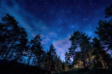 A low-angle night shot of a pine forest under a vibrant, star-filled sky with wispy clouds