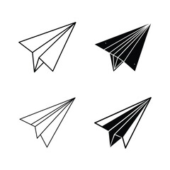 Simple black and white paper airplane icons set on white background for design