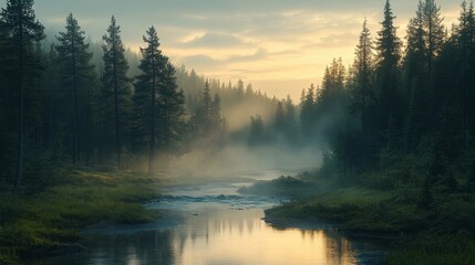 serene misty forest at dawn with sunlight piercing through the dense trees and a quiet stream flowing gently, Generative AI