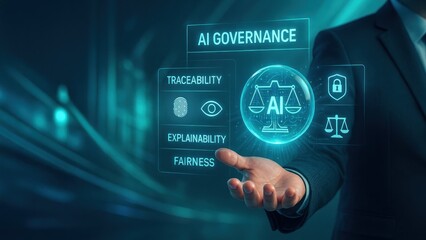 Businessman holding digital ai governance icons, showing leadership and control in tech, concept of ai ethics, governance, legal technology power