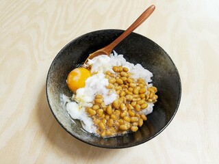 Natto (Japanese fermented beans) with rice and raw egg