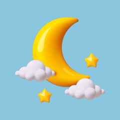 3D cartoon cute crescent moon with clouds and stars background. Soft night sky. Render style
