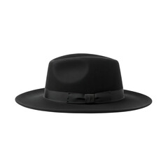 Classic black fedora hat with ribbon isolated on transparent background