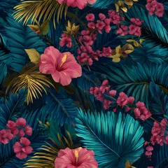 Beautiful vector tropical seamless pattern with hand drawn digital palm tree leaves and jungle flowers. Stock floral design for textile, gift wrapping and wallpapers. © john