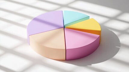 Obraz premium A segmented D pie chart with vibrant, pastel-colored slices, casting realistic shadows on a white base, ideal for a modern data display