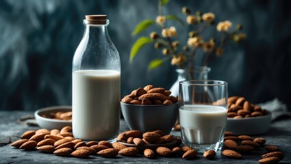 Almonds and almond milk presented in a bottle and a glass.