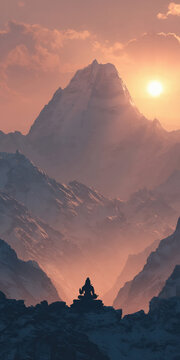 mystic image of Lord Shiva mediating in mountains