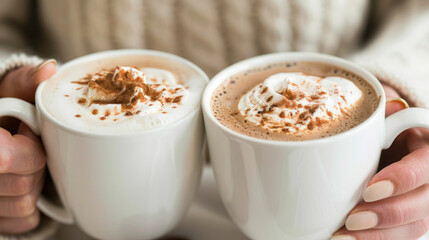 Fototapeta premium Cozy Winter Drinks in Hands with Whipped Cream and Cocoa Powder on Top Perfect for Warm Days Inside by the Fire