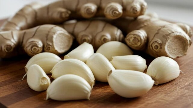 Ginger and garlic cloves on wooden surface