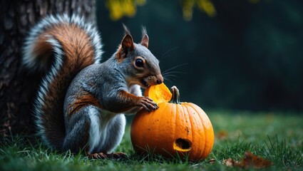 A squirrel eats a pumpkin under a tree on green grass, gnawing a hole in the pumpkin.