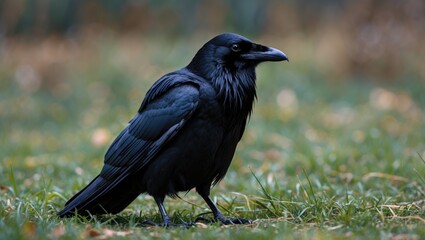 Fototapeta premium A black raven sits on the grass in a natural outdoor setting.