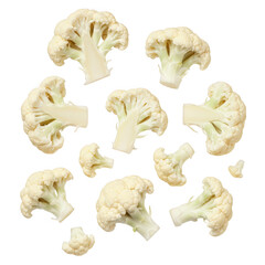 Fresh cauliflower florets falling isolated on transparent background