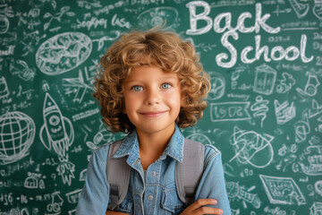 Smiling schoolboy in front of chalkboard on first day of school