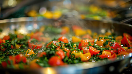 Chopped Tomatoes and Herbs Simmering in a Stainless Steel Pan, Cooking on a Modern Stove with Vibrant Ingredients and Aromatic Steam