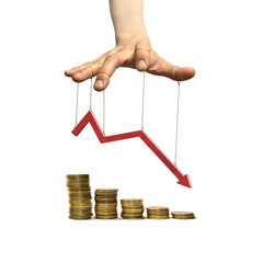 A puppeteer's hand with strings attached to fingers manipulates a downward-trending financial...