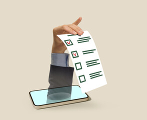 A hand from a smartphone holds a questionnaire.