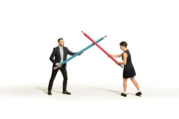 Duel between a man and a woman.  Isolated on white.