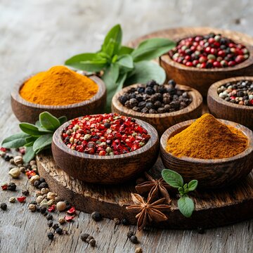 Various aromatic spices arranged in wooden bowls on a rustic wooden board, creating a vibrant and colorful display for culinary use and flavo dishes.