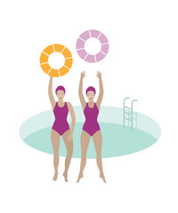 Women by the pool with swim rings.