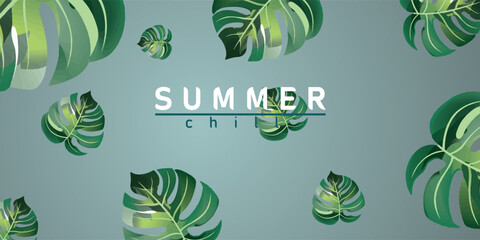 Summer Chill Background with Floating Monstera Leaves