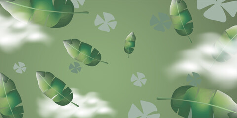 Floating Tropical Leaves and Clouds on Green Background
