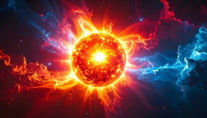 Fototapeta premium Vibrant Celestial Sun Surrounded by Colorful Cosmic Elements