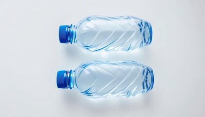 Refreshing Pair: Two bottles of crystal-clear, purified water rest side-by-side, conveying purity and essential hydration. Capturing simplicity and cleanliness, conveying the essence of thirst quench.