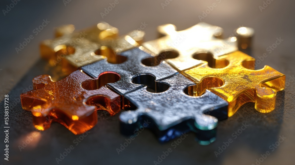Poster symbolic puzzle pieces coming together in teamwork metaphor during bright daylight to represent unit