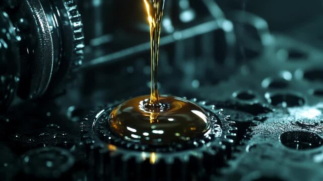 Close up of Golden Liquid Dripping onto Metal Gear, Highlighting Intricate Details and Textures of Machinery, Conveying Precision and Industrial Efficiency Scene of Smooth Textures and Mechanical