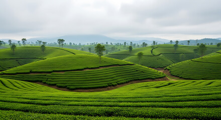 Fototapeta premium Terraced Tea: Verdant Hills of Long Coc, Vietnam
