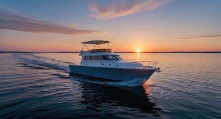 Obraz premium A boat sails smoothly across tranquil waters as the sun sets on the horizon, creating soft colors in the twilight sky. Includes empty space for text.