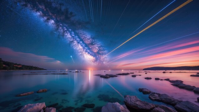 Startrail Over The Lagoon with Empty Copy Space for Text